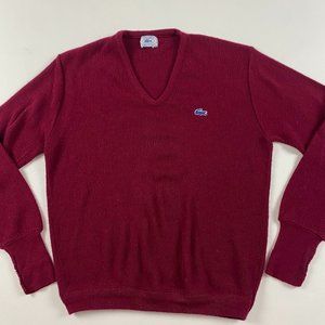 Vintage Izod Lacoste V Neck Sweater Pullover Jumper Mens Medium Burgundy Red